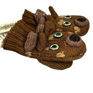 Kids Wool Knit Mittens Fleece Lining Deer Nirvanna Design Hand Made Nepal M/L
